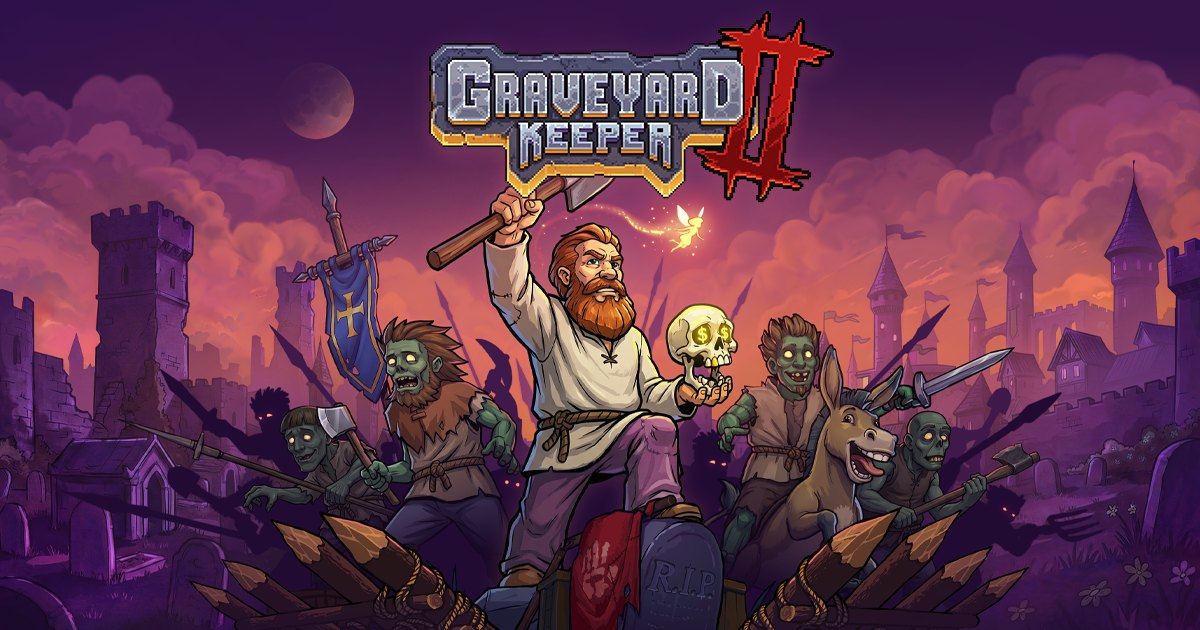 Graveyard Keeper 2 key art: the keeper raising an axe, with a zombie horde and the castle behind him