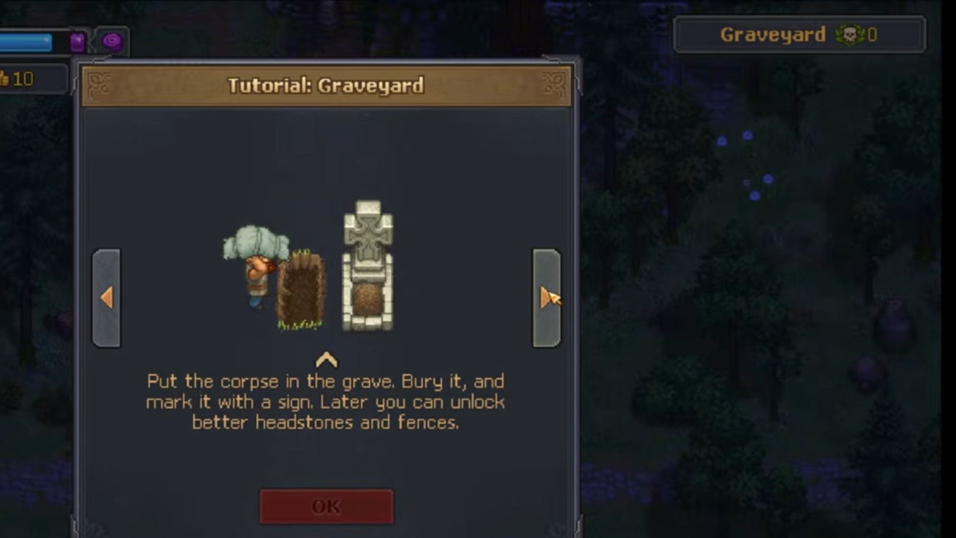 The graveyard tutorial showing a body placed in a grave and marked with a sign