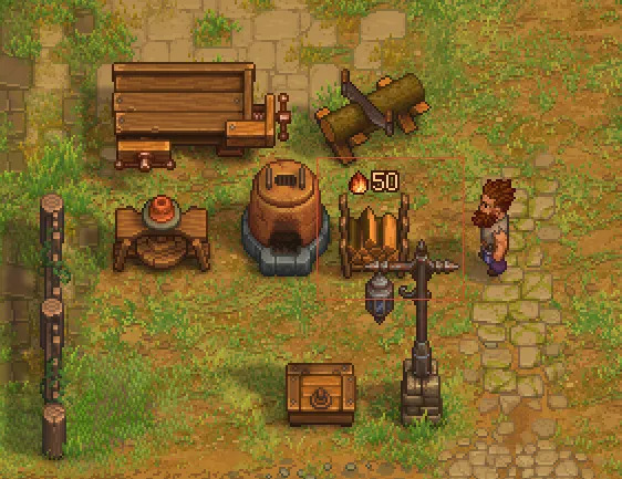 An in-game yard: the furnace, the workbench and the Firewood shed standing together, with 50 fuel shown above the shed