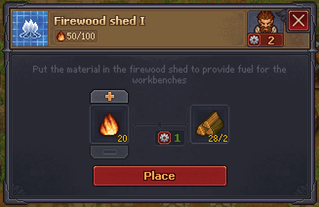 The Firewood shed I window in game: fuel 50/100 at the top, and the row that turns firewood into fuel below