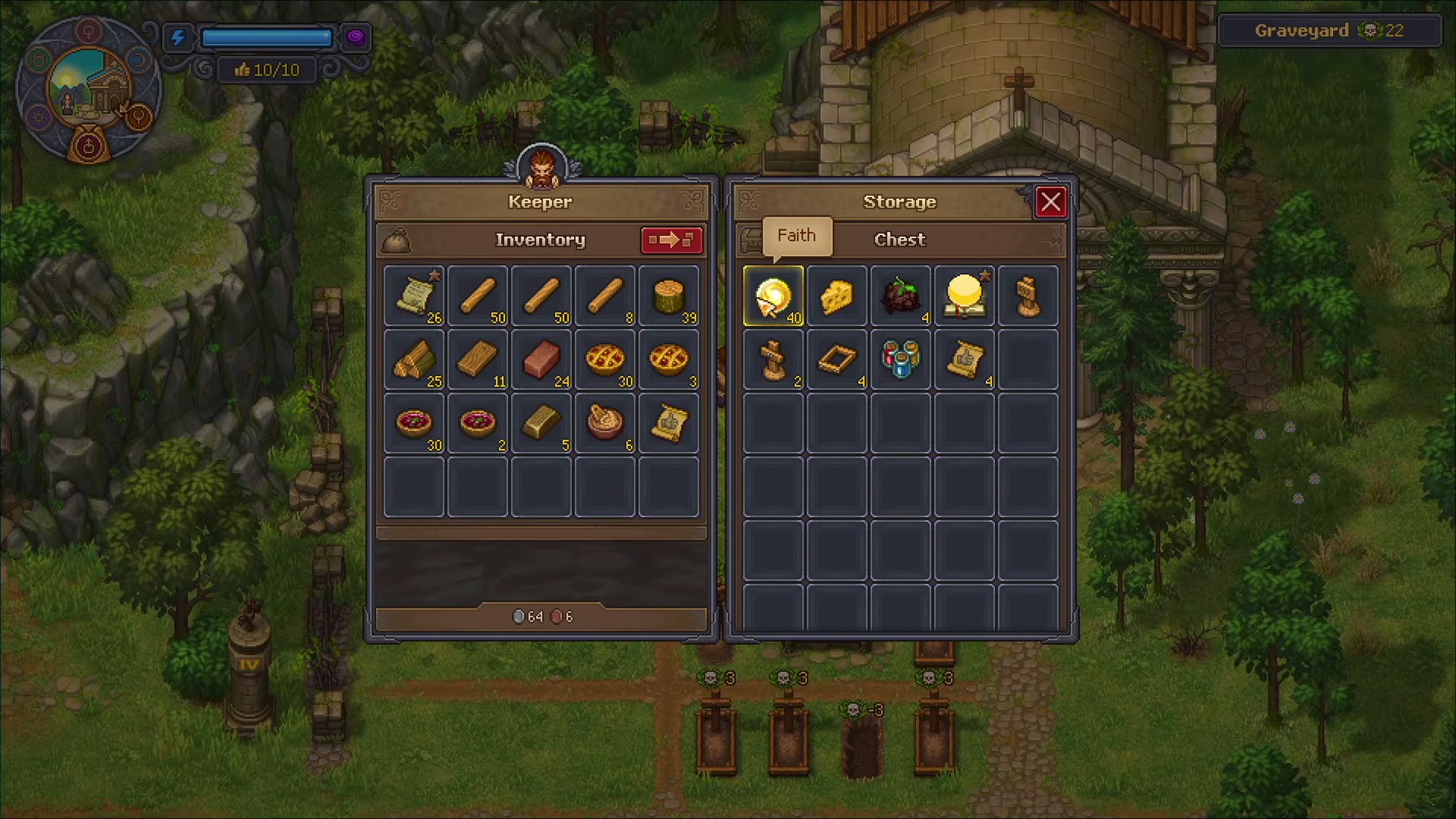 The keeper's inventory beside the storage chest by the church, holding the faith and the prayers