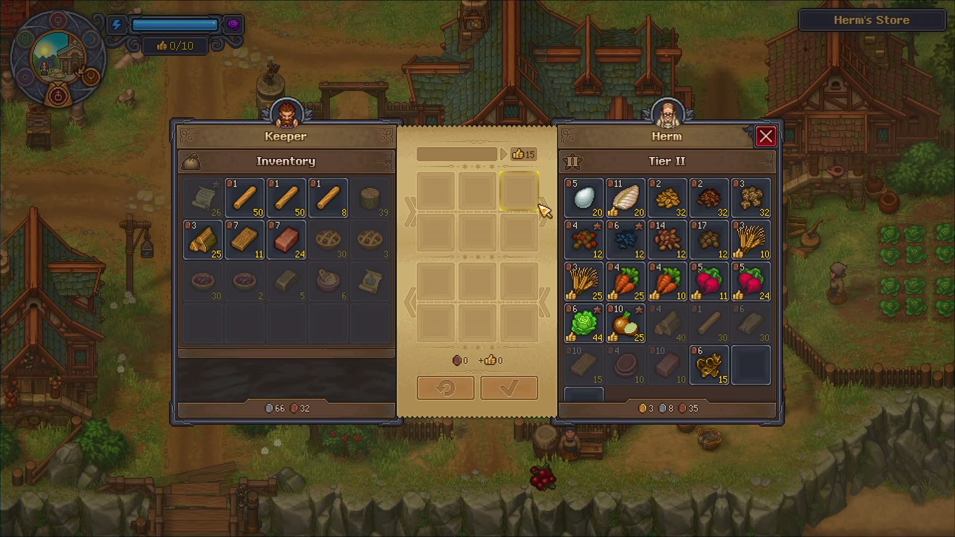 Herm's trade window: the keeper's inventory on the left, Herm's stock on the right with the thumbs-up marks on the goods