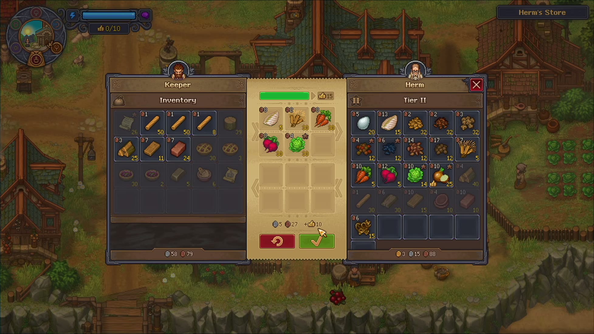 The same haul sold straight back to Herm, with the coin returned and the gratitude gained shown under the trade window