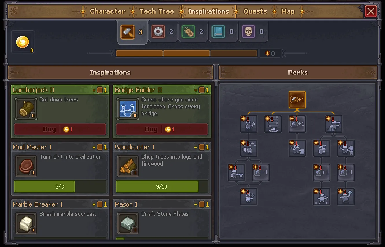 The character window’s Inspirations tab: the five branch icons with their point counts on top, the inspiration list on the left — each card naming what to do, its progress and its Faith price — and the perk tree on the right